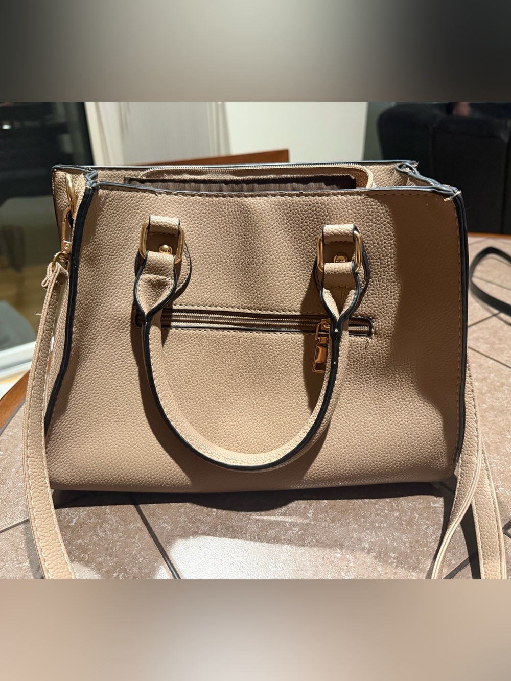 Structured Tan Tote Handbag with Gold Hardware